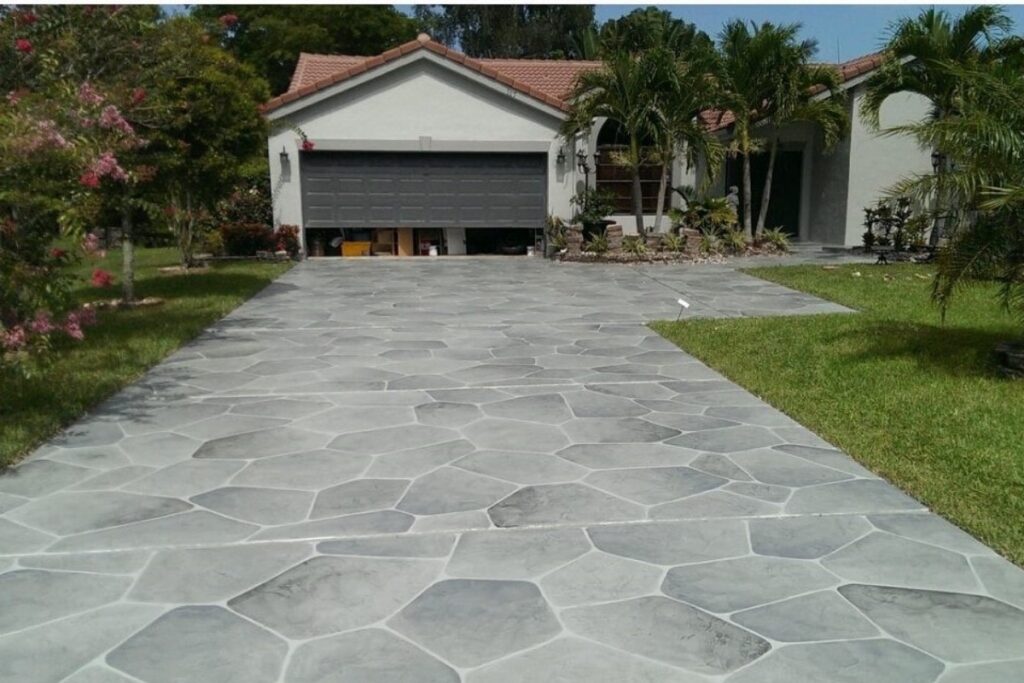 Stamped concrete driveway showing edge and apron detail